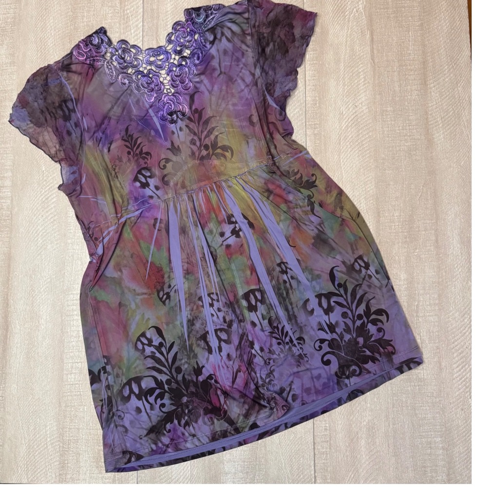 Unity World Wear Purple Floral Lace Rhinestone Fairycore Tunic Top XL - Picture 5 of 8